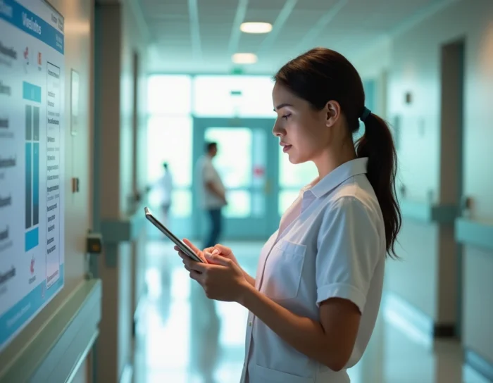 Jeune professionnelle de santé accédant à Netsoin Domusvi sur une tablette dans un couloir d'hôpital moderne