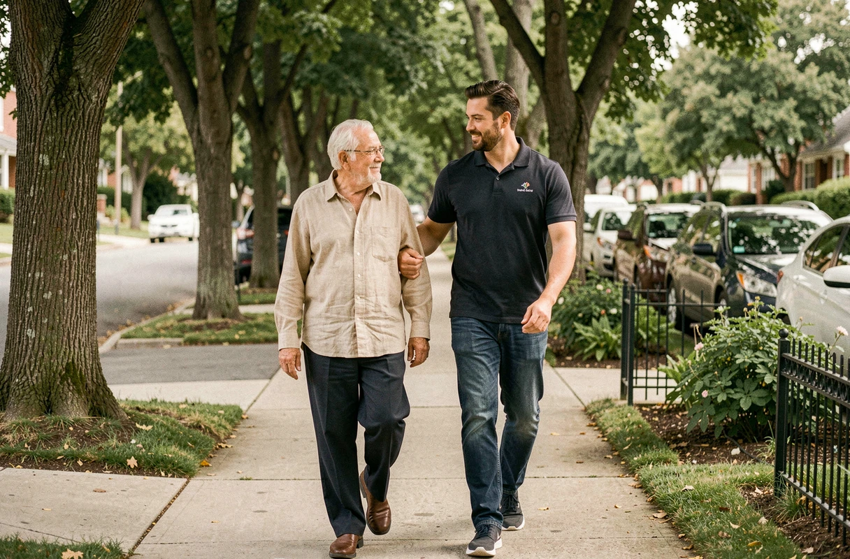 Accompagnateur professionnel se promenant avec un homme âgé dans un quartier résidentiel