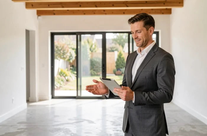 Agent immobilier présentant une maison contemporaine vide avec jardin lors d'une visite en 2024