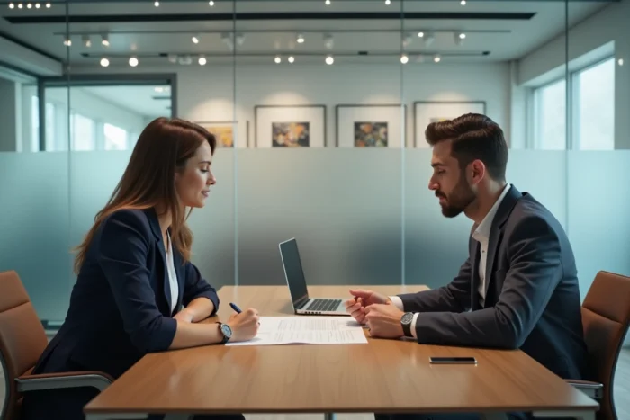 Agent immobilière et client signant un contrat dans une agence immobilière moderne