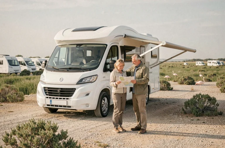 Couple de camping-caristes devant leur véhicule garé sur l'aire de Saintes-Maries-de-la-Mer avec vue sur la Camargue