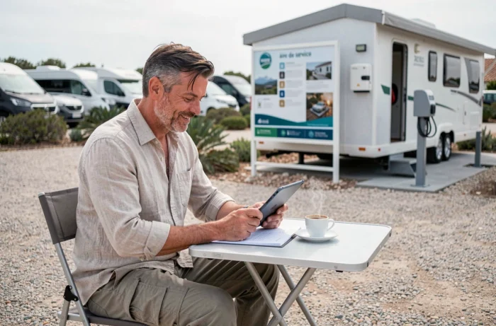 Voyageur solo consultant son avis sur l'aire de service pour camping-cars à Saintes-Maries-de-la-Mer