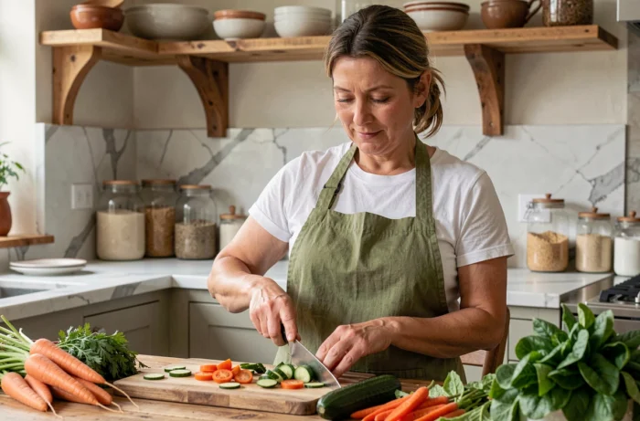 Femme préparant un repas sain avec des légumes frais dans une cuisine rustique pour prendre soin de sa santé