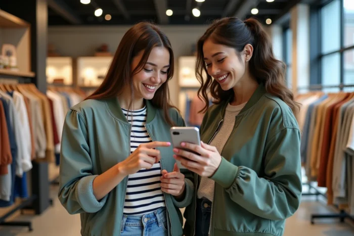 Deux amies consultant un code promo Zalando sur smartphone dans une boutique de vêtements