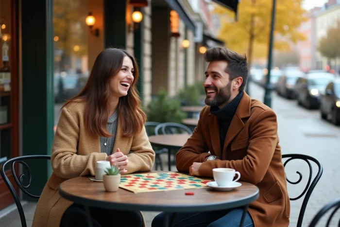 Deux amis jouant à un jeu de société en riant sur une terrasse de café en automne