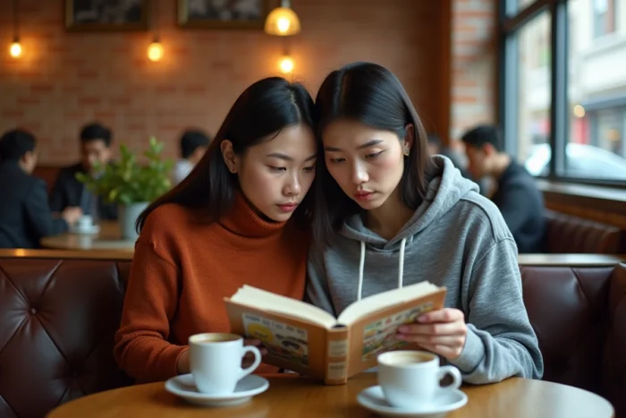 Deux amis adultes lisant ensemble un volume de manga dans un café