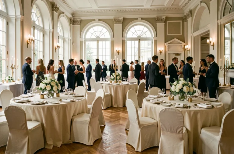 Salle de mariage élégante avec tables dressées, invités en tenue de soirée et décoration florale raffinée