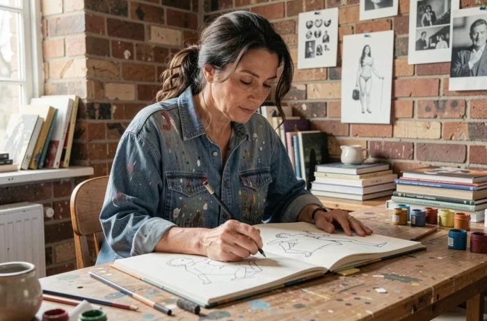 Artiste créative dessinant dans un carnet de croquis dans un atelier avec murs en briques apparentes