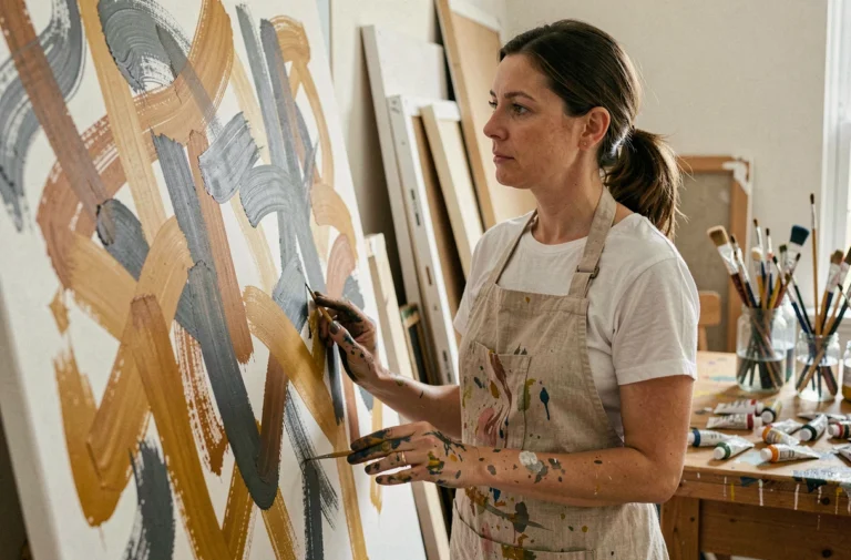 Artiste peintre femme dans son atelier contemplant une grande toile abstraite aux couleurs vives