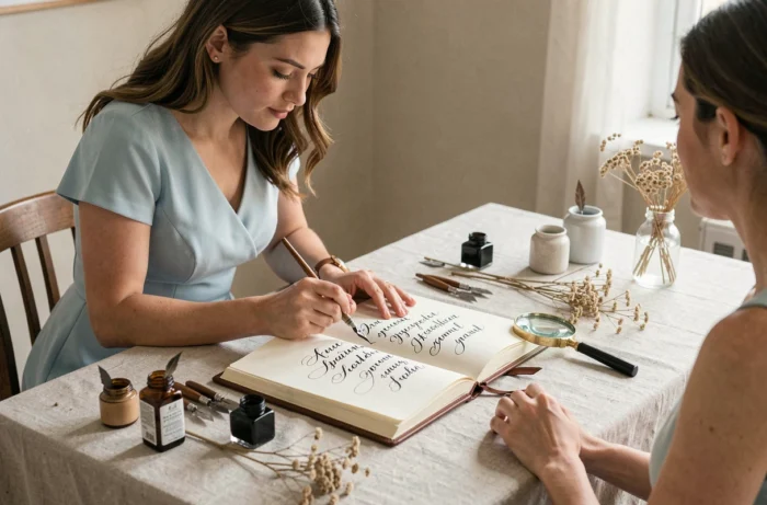 Atelier de calligraphie lors d'un mariage avec artiste guidant les invités pour signer le livre d'or