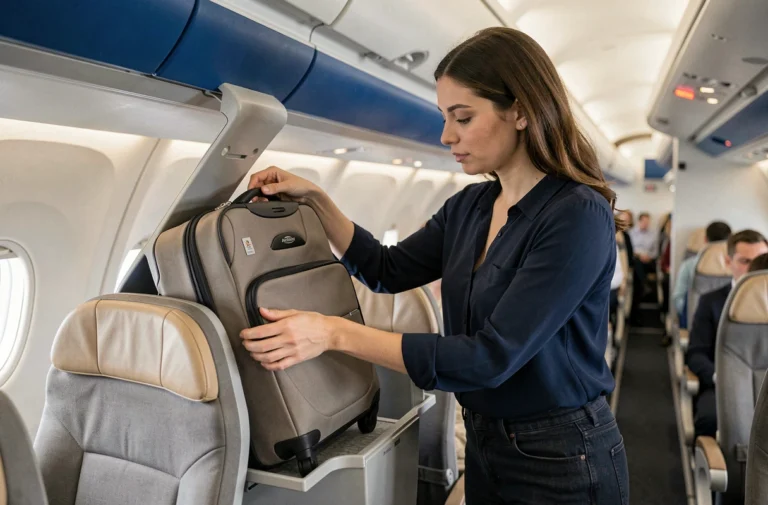 Femme glissant un bagage cabine dans le compartiment supérieur d'un avion Transavia
