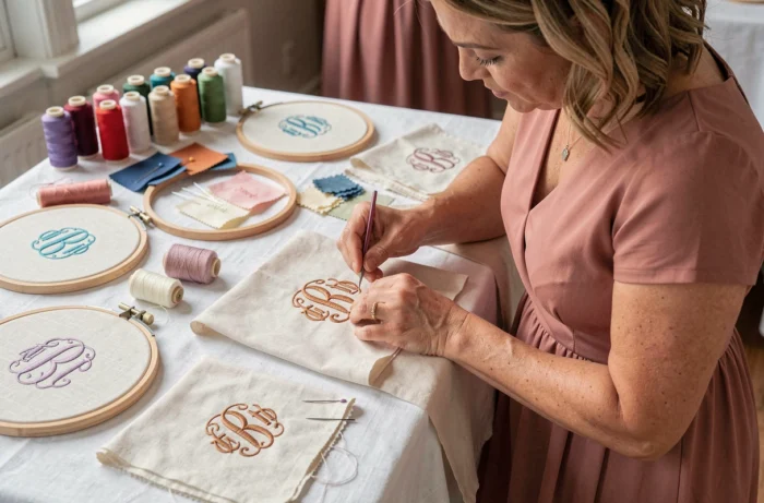 Bar à broderie avec cercles de broderie et fils colorés permettant aux invités de créer des monogrammes
