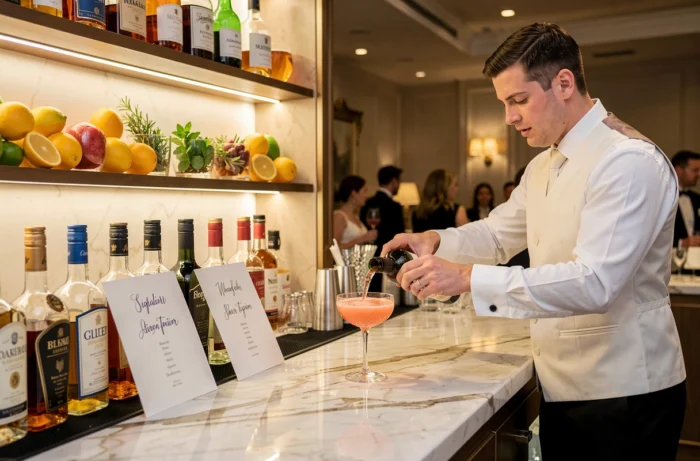 Bartender préparant un cocktail signature rose dans un bar élégant lors d'une réception de mariage