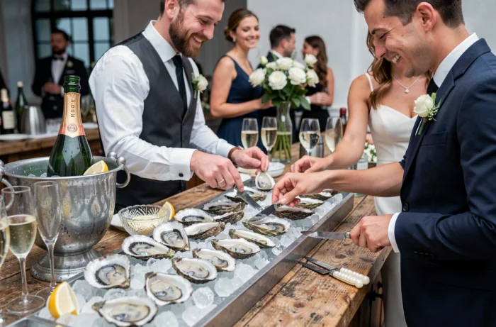 Bar à huîtres avec coupes de champagne et glace pilée lors d'une élégante réception de mariage