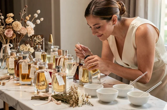 Bar à parfums personnalisé avec flacons de verre et botaniques séchés lors d'une réception de mariage élégante