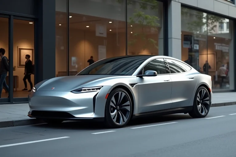 Berline électrique moderne garée devant un showroom automobile contemporain en milieu urbain