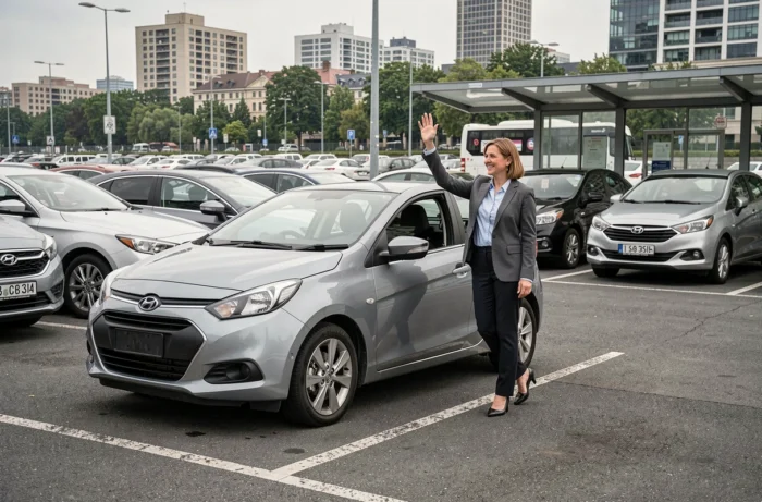 Une femme accueille un passager dans un parking relais urbain, illustrant le vaste réseau de BlaBlaCar Daily pour les courts trajets quotidiens