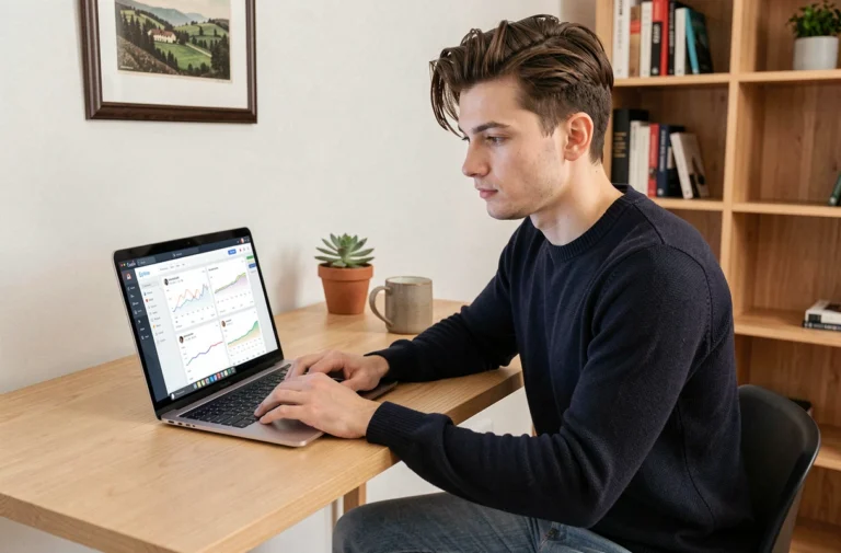 Jeune créateur de contenu roumain travaillant sur son ordinateur portable dans un bureau minimaliste moderne, consultant des statistiques de réseaux sociaux