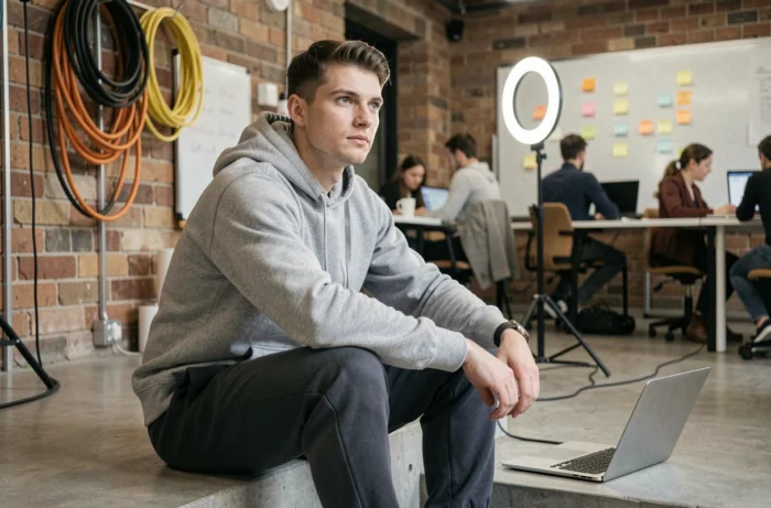 Jeune entrepreneur digital roumain dans un espace de coworking créatif, entouré d'outils de production de contenu, symbole de l'ascension sur Instagram
