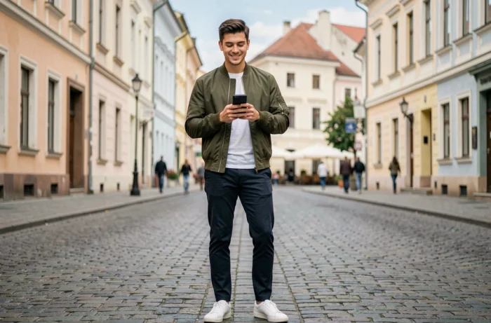 Jeune influenceur roumain debout dans une rue européenne pavée, consultant son smartphone, illustrant son parcours dans le marketing digital