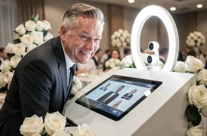 Borne vidéo à messages décorée de roses blanches avec un invité enregistrant un message lors d'un mariage