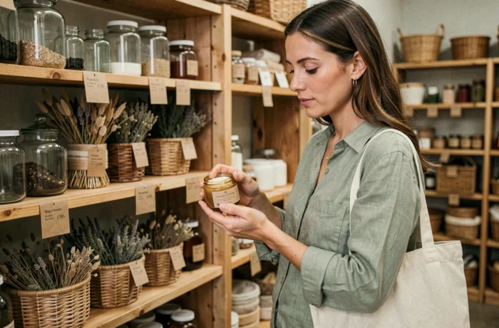 Femme examinant un produit cosmétique naturel dans une boutique écoresponsable aux étagères en bois brut