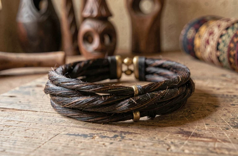 Bracelet traditionnel en poil d'éléphant tressé avec fermoir doré posé sur bois naturel, signification spirituelle africaine