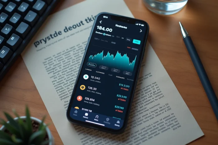 Vue de dessus d'un bureau minimaliste avec smartphone affichant une interface d'échange crypto et documents blockchain pour illustrer une stratégie d'optimisation