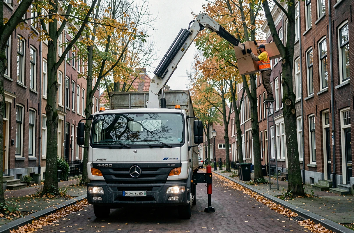 Camion de déménagement avec monte-meubles dans une rue résidentielle de Bruxelles en automne