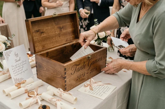 Station de capsule temporelle avec boîte en bois gravée et messages de souvenirs lors d'une réception de mariage
