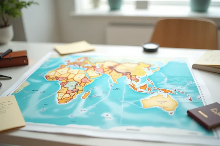 Vue aérienne d'une carte de l'Asie du Sud posée sur un bureau avec un repère indiquant le Sri Lanka