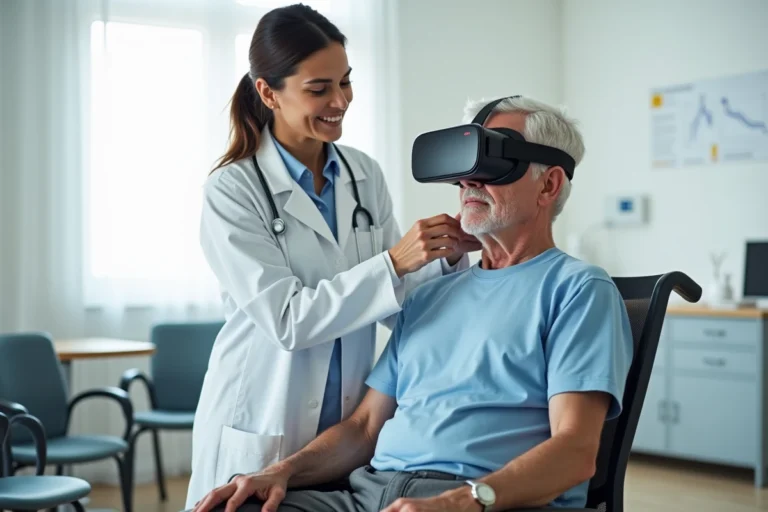 Physiothérapeute aidant un patient âgé à porter un casque de réalité virtuelle thérapeutique en centre de rééducation