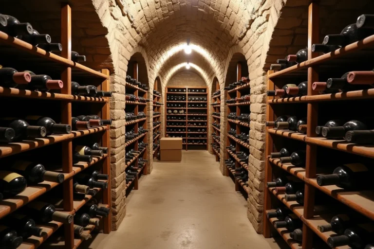 Cave de stockage bien organisée avec casiers à vin en bois et murs en pierre dans un immeuble parisien