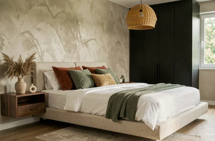 Chambre moderne élégante avec lit plateforme, mur limewash et accents décoratifs en terracotta et vert sauge