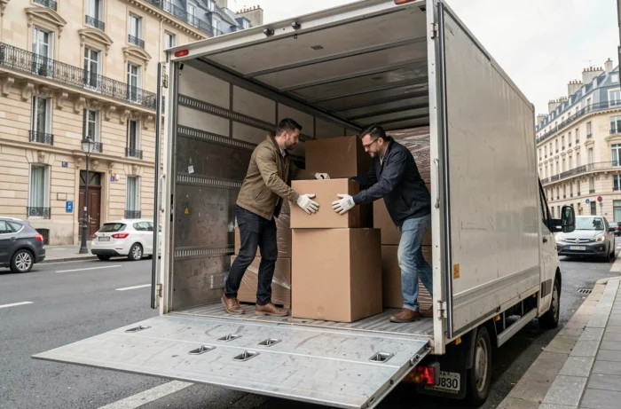 Deux hommes chargeant des cartons et meubles dans un camion de déménagement 20m3 en milieu urbain