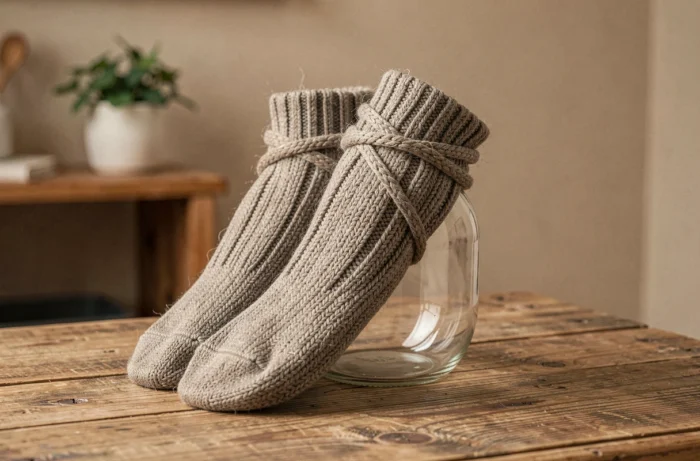 Chaussettes en laine trop serrées étirées sur un bocal en verre pour les détendre