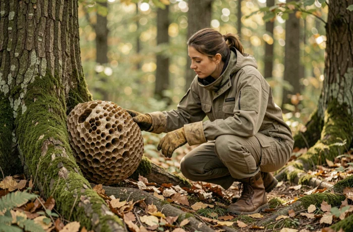 Chercheuse en tenue de protection observant un nid de frelon géant naturel en forêt