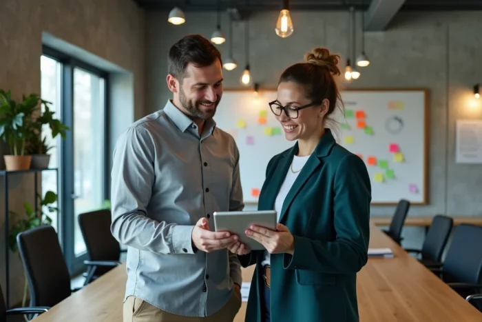 Deux professionnels collaborant autour d'un tableau de bord numérique pour booster la croissance de leur entreprise grâce à un partenaire digital
