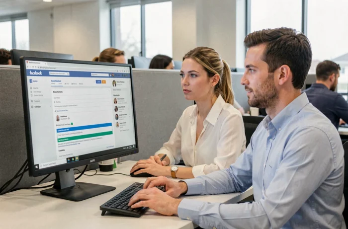 Deux collègues consultant ensemble les paramètres de blocage de profils sur Facebook depuis un ordinateur de bureau au bureau