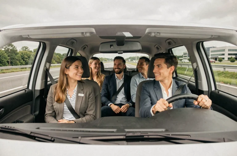 Trois adultes covoiturant ensemble dans une voiture compacte sur une route de banlieue, illustrant le comparatif des applications de covoiturage pour les trajets quotidiens