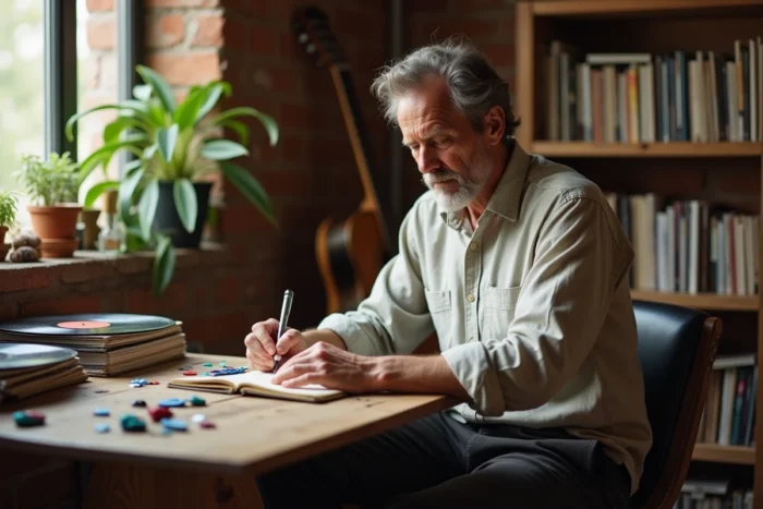 Compositeur écrivant des paroles dans un carnet dans son espace de travail personnel entouré de vinyles, portrait intimiste d'un artiste qui adapte sa créativité