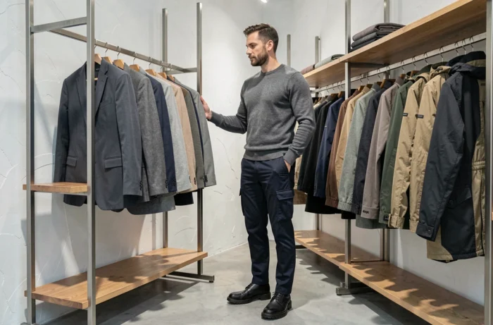 Homme en pull merino graphite explorant des vêtements dans un concept store contemporain, tendances mode masculine automne-hiver