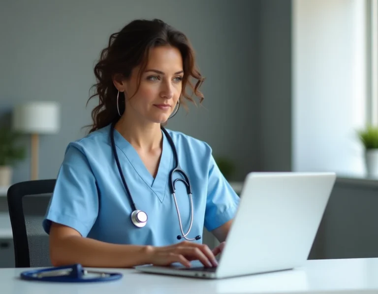 Infirmière en blouse médicale se connectant au portail Netsoin Domusvi sur un ordinateur portable dans un bureau de santé moderne