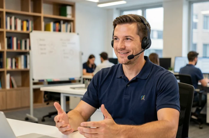 Conseiller dédié aux seniors en train d'accompagner un appel téléphonique dans un bureau professionnel