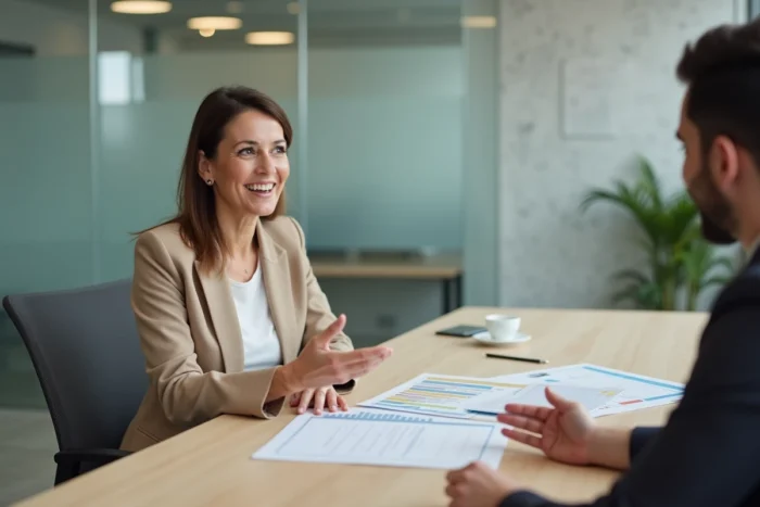 Conseillère Pôle Emploi expliquant le calcul des allocations chômage à un demandeur d'emploi dans une agence