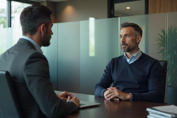 Homme en consultation avec un conseiller juridique pour démarches de désolidarisation familiale