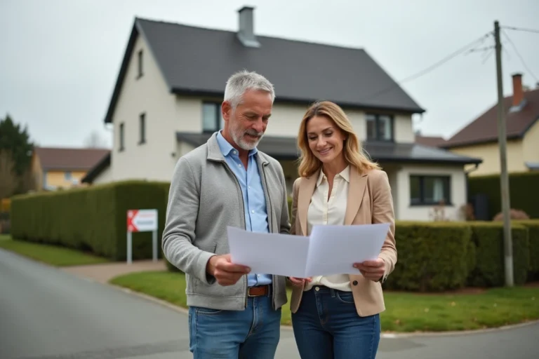 Couple examinant des documents immobiliers devant une maison à vendre en banlieue résidentielle