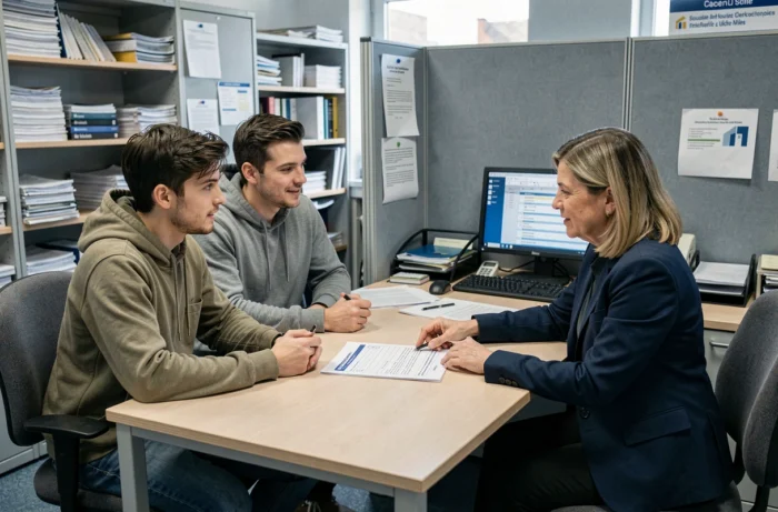 Couple en entretien avec un conseiller logement social pour une demande DALO dans un bureau administratif