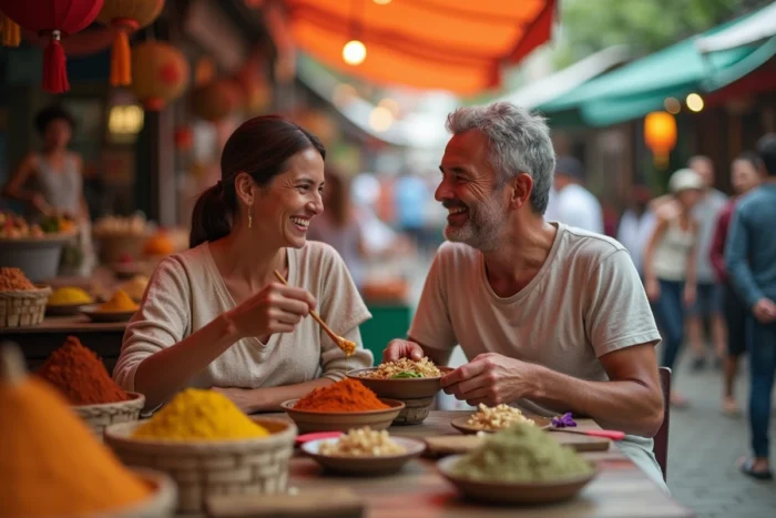 Un couple partageant un repas de rue dans un marché asiatique animé lors d'un voyage autour du monde