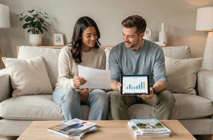 Couple en train de planifier leur budget familial ensemble sur un canapé avec une tablette et des documents financiers